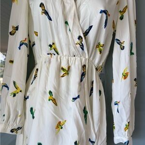 White Dress with Colorful Bird Print